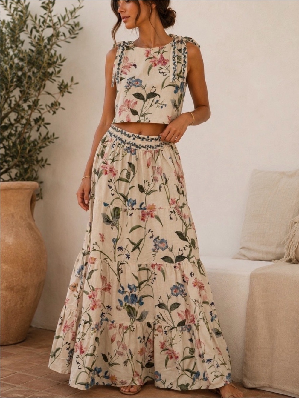 Camila Coelho Floral Tiered Maxi Skirt set M NWOT linen blend
